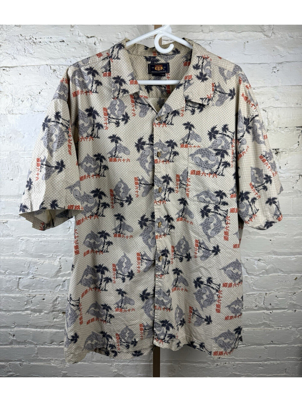 Route 66 Men's XL Beige Hawaiian Fish Graphic Print Cotton Button-Up Shirt